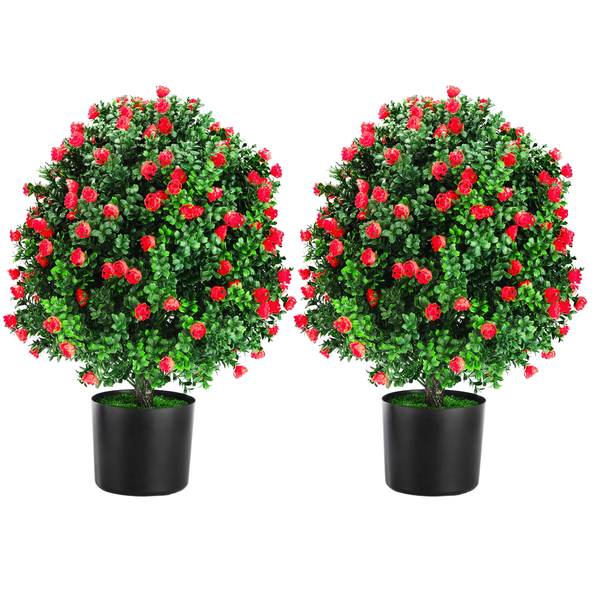 JAXSUNNY  2 Packs 22 Inch Artificial Rose Topiary Tree, UV Resistant Ball Tree Fake Tree Potted Plants for Indoor Outdoor Porch Garden Decor