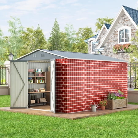 JAXSUNNY 8 x 12 Ft Outdoor Storage Shed, Metal Tool Sheds with Lockable Doors & Sloped Roof ,Weather-Resistant Shed for Garden, Backyard, Patio, and Utility Storage, Red