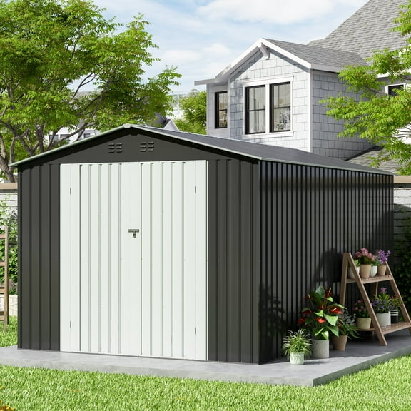 JAXSUNNY 8 x 12 ft Outdoor Storage Metal Shed with Sloping Roof and Double Lockable Door, Gray