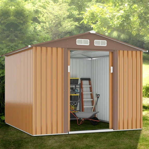 JAXSUNNY 8' x 8' Garden Tool Storage Utility Shed, Outdoor House Galvanized Steel W/ Sliding Door, 4 Vents, Brown