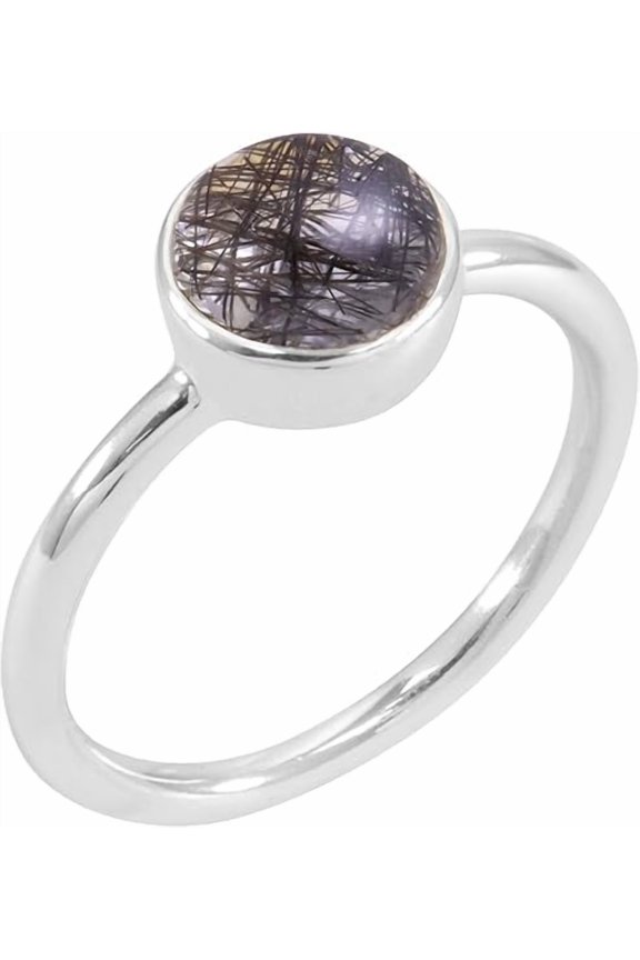 925 Sterling Silver Ring for Women – 8mm Round Tourmalinated Quartz Statement Jewelry