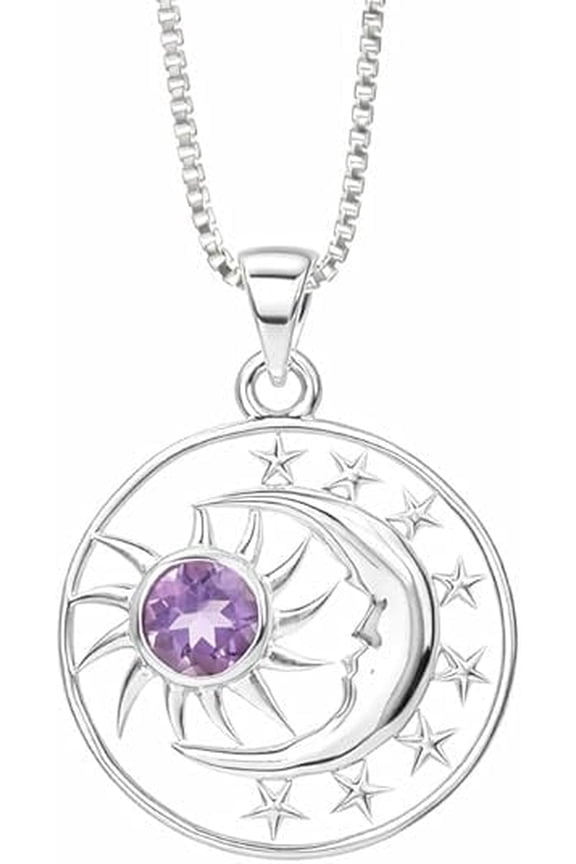 Amethyst Pendant Necklace – Sun & Moon 925 Sterling Silver Celestial Gemstone Jewelry for Women