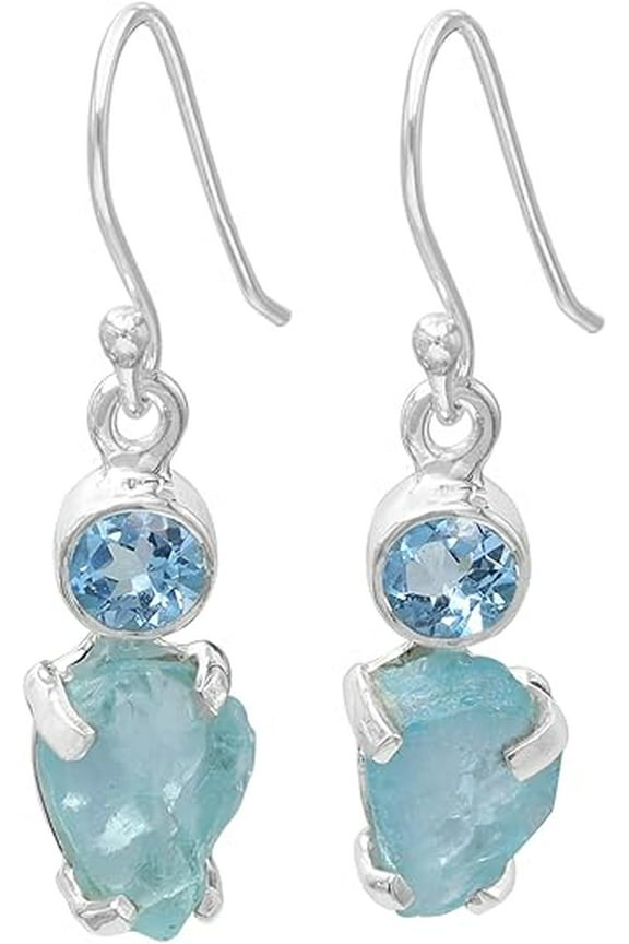 Apatite and Blue Topaz Earrings, Raw Gemstone Jewelry, Dangle Earrings for Women, Natural Rough Stone Earrings, Gift for Her