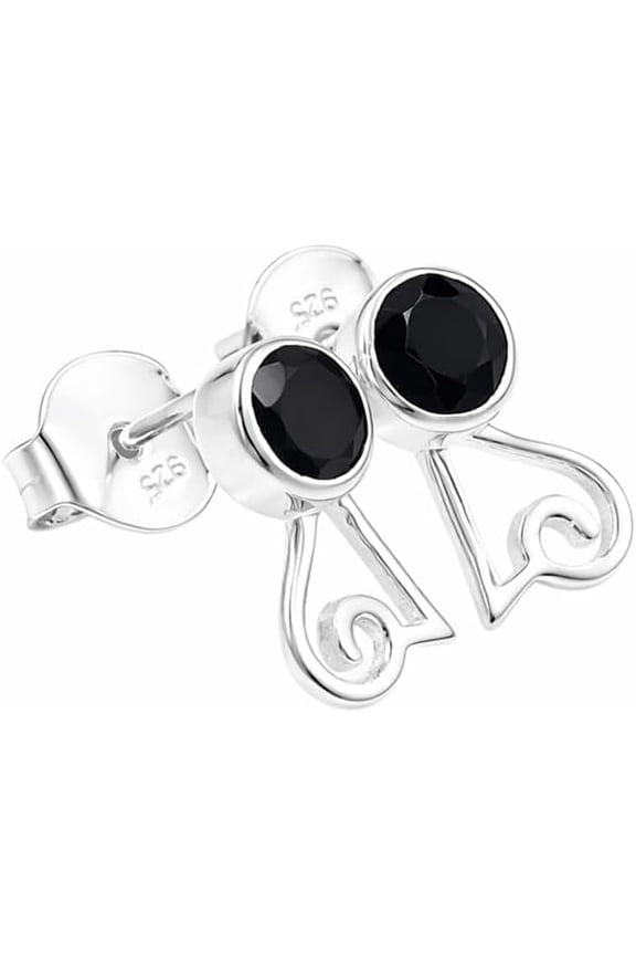 Black Onyx Earrings - Sterling Silver Cat Studs for Women