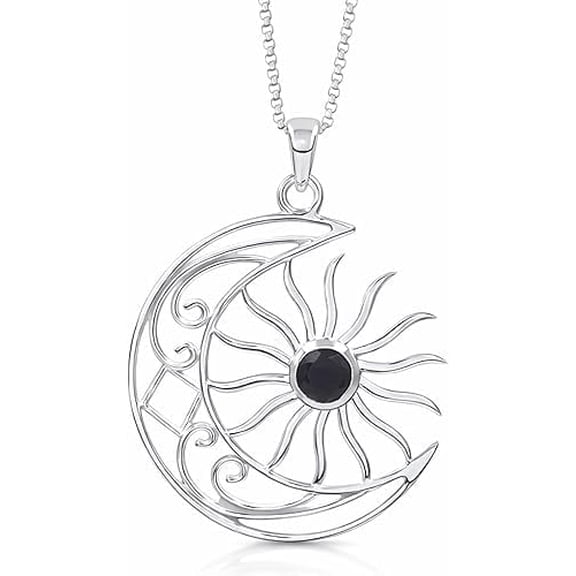 JAY JOOLS Black Onyx Pendant Necklace – Sterling Silver Sun and Crescent Moon Jewelry for Women