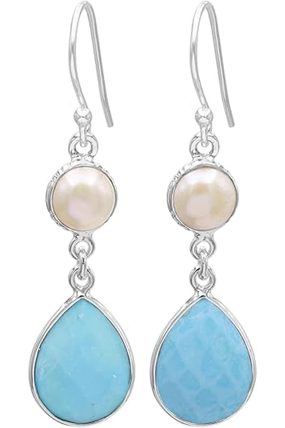 Handcrafted Arizona Turquoise and Pearl Teardrop Earrings 925 Sterling Silver Drop Dangle Jewelry for Her