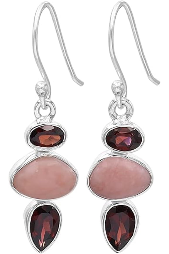 Handmade Pink Opal & Garnet Drop Earrings 925 Sterling Silver Dangle Gemstone Earrings for Women Gift