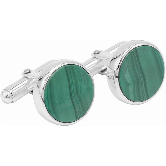 JAY JOOLS Malachite Gemstone Cufflinks - 925 Sterling Silver 14mm Round Gemstone Formal Jewelry Gift for Women