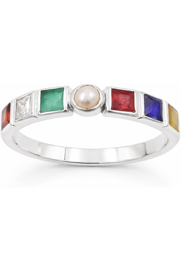 Multi-Gemstone Ring with Pearl Centre - Sterling Silver Women’s Stackable Band
