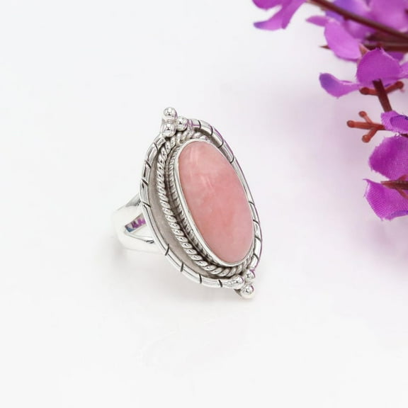 JAY JOOLS Pink Opal Ring Sterling Silver Oval Gemstone Statement Jewelry for Women