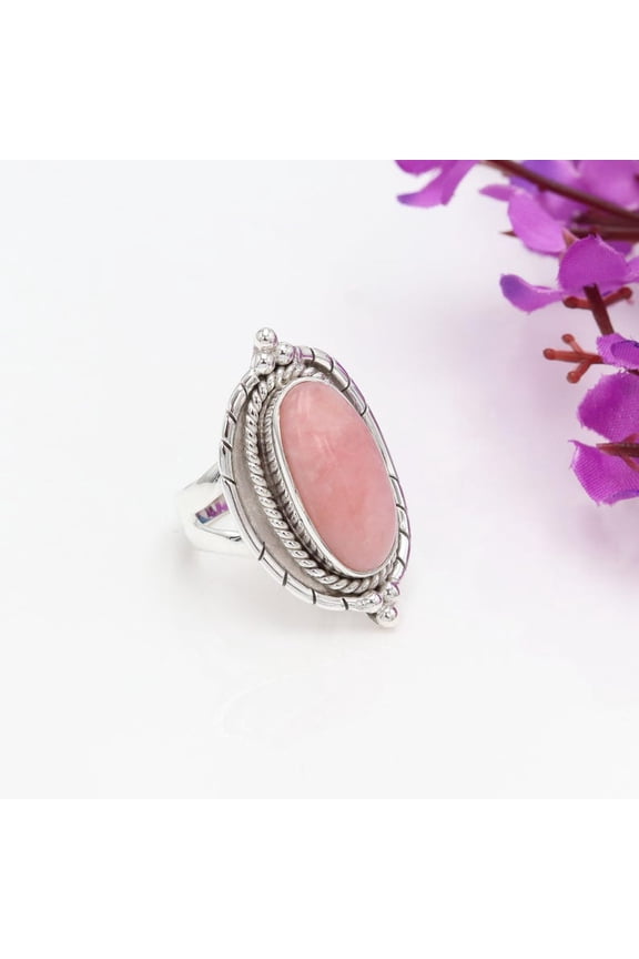 Pink Opal Ring Sterling Silver Oval Gemstone Statement Jewelry for Women