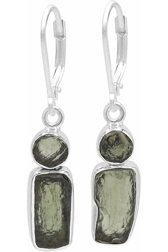 Rough Moldavite Drop Dangle Earrings for Women, Natural Raw Moldavite Leverback Earrings, 925 Sterling Silver Gemstone Earrings