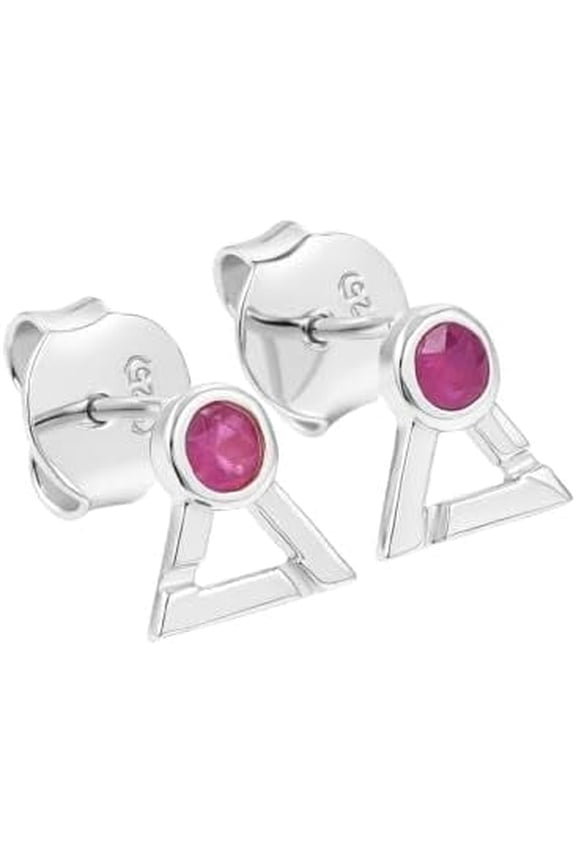 Ruby Triangle Stud Earrings - 925 Sterling Silver 3MM Round Gemstone Jewelry for Women