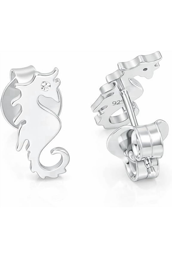 Seahorse Moissanite Stud Earrings, 925 Sterling Silver Minimalist Earrings for Women