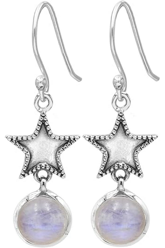 Star Earrings 925 Sterling Silver, Rainbow Moonstone Dangle Earrings, Jewelry for Women