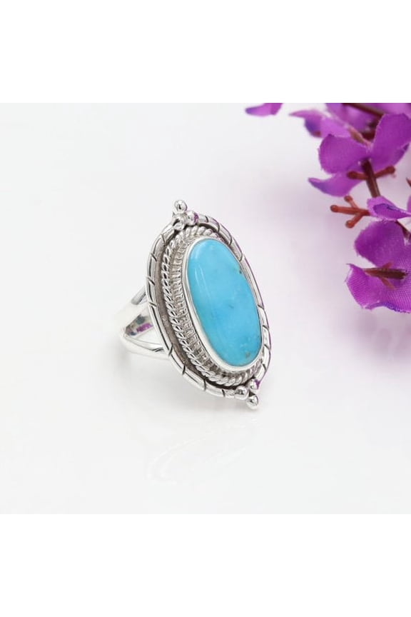 Turquoise Ring Sterling Silver Oval Gemstone Statement Jewelry for Women