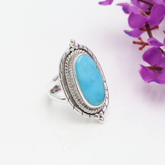 JAY JOOLS Turquoise Ring Sterling Silver Oval Gemstone Statement Jewelry for Women