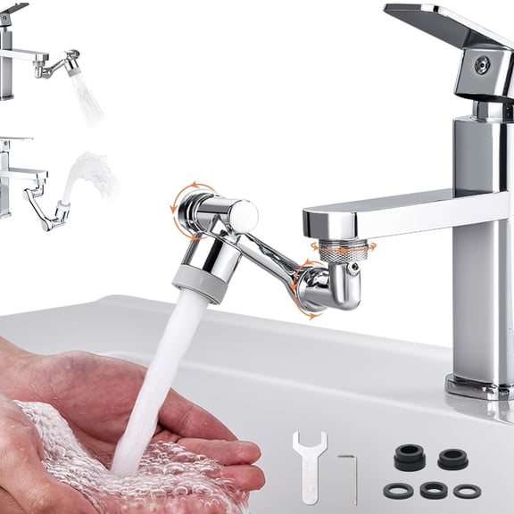 JAYWAYNE Faucet Extender with Swivel Aerator, 1080° Rotating Splash Filter for Kitchen & Bathroom Sink, 2 Water Modes, Easy Installation with Wrench & Adapters, Chrome Finish