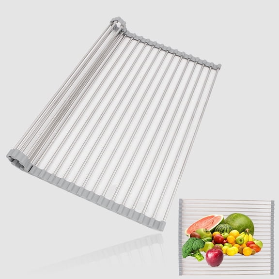 JAYWAYNE Foldable Dish Drying Rack, 43x35cm Roll-Up Stainless Steel Sink Cover, Collapsible Drain Board for Dishes & Vegetables, Space Saving Kitchen Organizer
