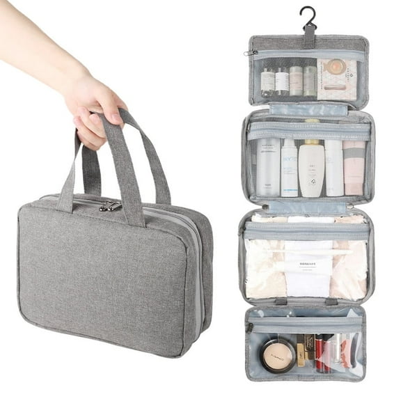 JAYWAYNE Hanging Toiletry Bag for Travel, Foldable Cosmetic Organizer for Women & Men, Water-Resistant Roll-Up Makeup Bag with Multiple Compartments, Large Travel Essentials Kit (Heather Grey)