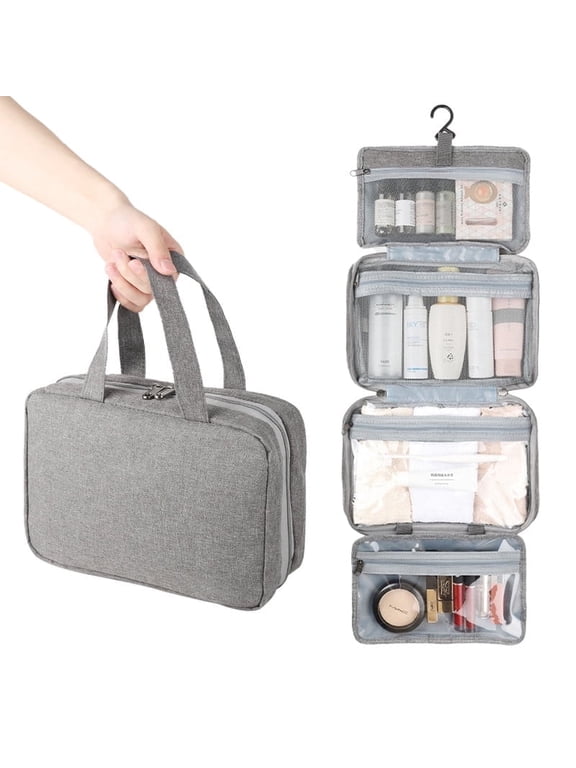 Hanging Toiletry Bag for Travel, Foldable Cosmetic Organizer for Women & Men, Water-Resistant Roll-Up Makeup Bag with Multiple Compartments, Large Travel Essentials Kit (Heather Grey)