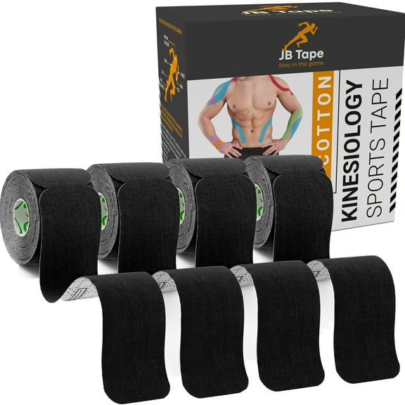 JB Kinesiology Sports Tapes, Black, 80 Pre-Cut Strips, 4 Rolls