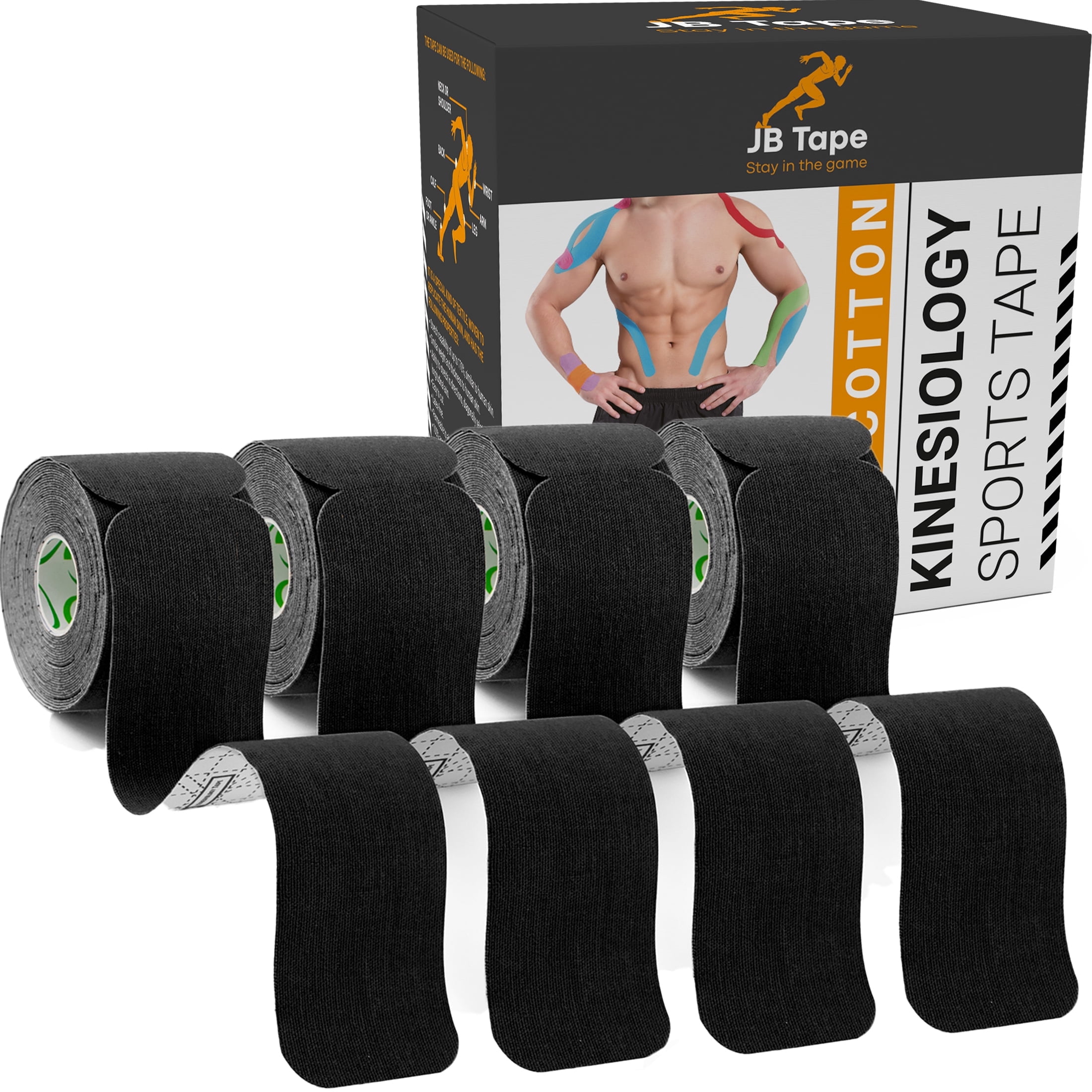 JB Kinesiology Sports Tapes, Black, 80 Pre-Cut Strips, 4 Rolls