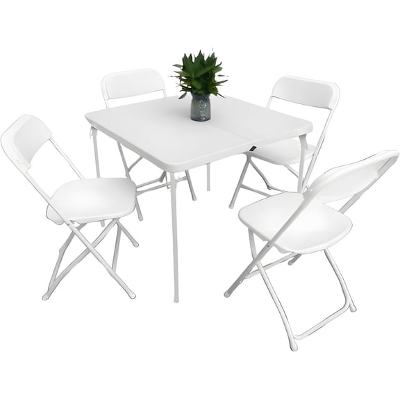JB Tools 5-Piece Folding Table and Chair Set – Includes 34"x34" Half-Fold Card Table & 4 Plastic Folding Chairs – Compact Portable Dining Set for Events, Home, Indoor & Outdoor Use (White)