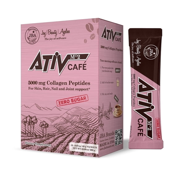 JBA Brands ATIV M2 Collagen Peptide Cafe Latte, Naturally Caffeinated Instant Coffee, 15 Grams