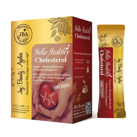 JBA Brands Hello Healthy Cholesterol Cacao Drink Mix, 15 Count, 4.2 x 2.4 x 6.2 Inches, Shelf-Stable