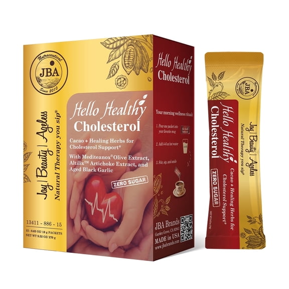 JBA Brands Hello Healthy Cholesterol Cacao Drink Mix, 15 Count, 4.2 x 2.4 x 6.2 Inches, Shelf-Stable