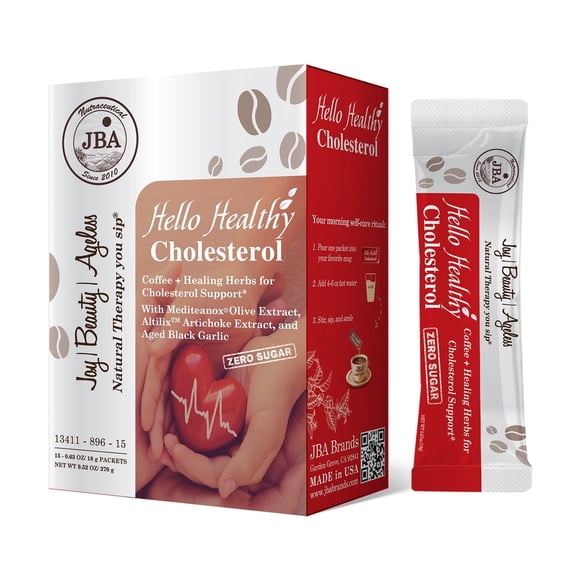 JBA Brands Hello Healthy Cholesterol, Naturally Caffeinated Instant Coffee, 15 Count