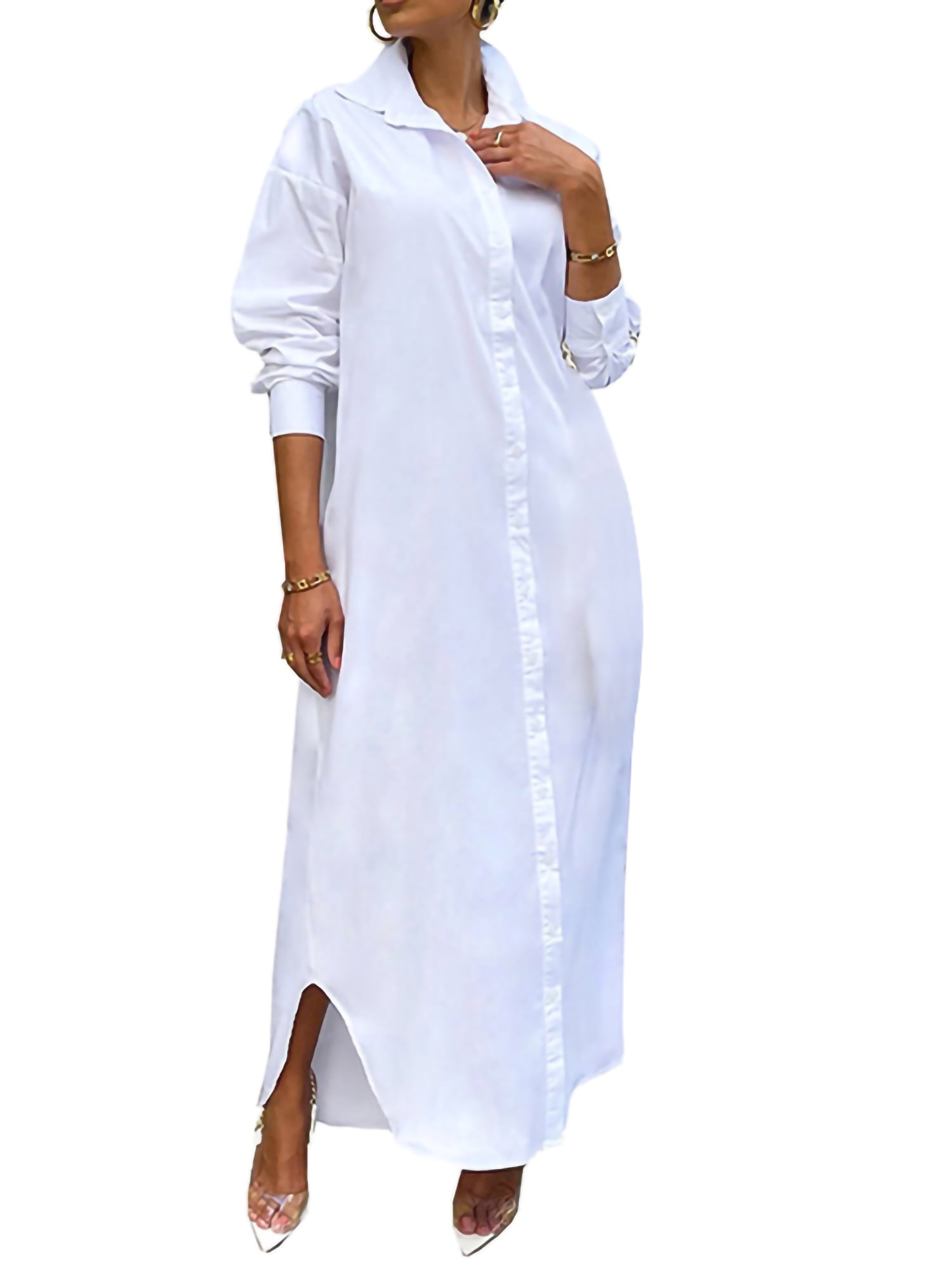 JBEELATE Women Casual Shirt Dress Long Sleeve Blouse Loose Maxi Dress Button Down Tops Lapel Kaftan Curved Hem Long Cardigan