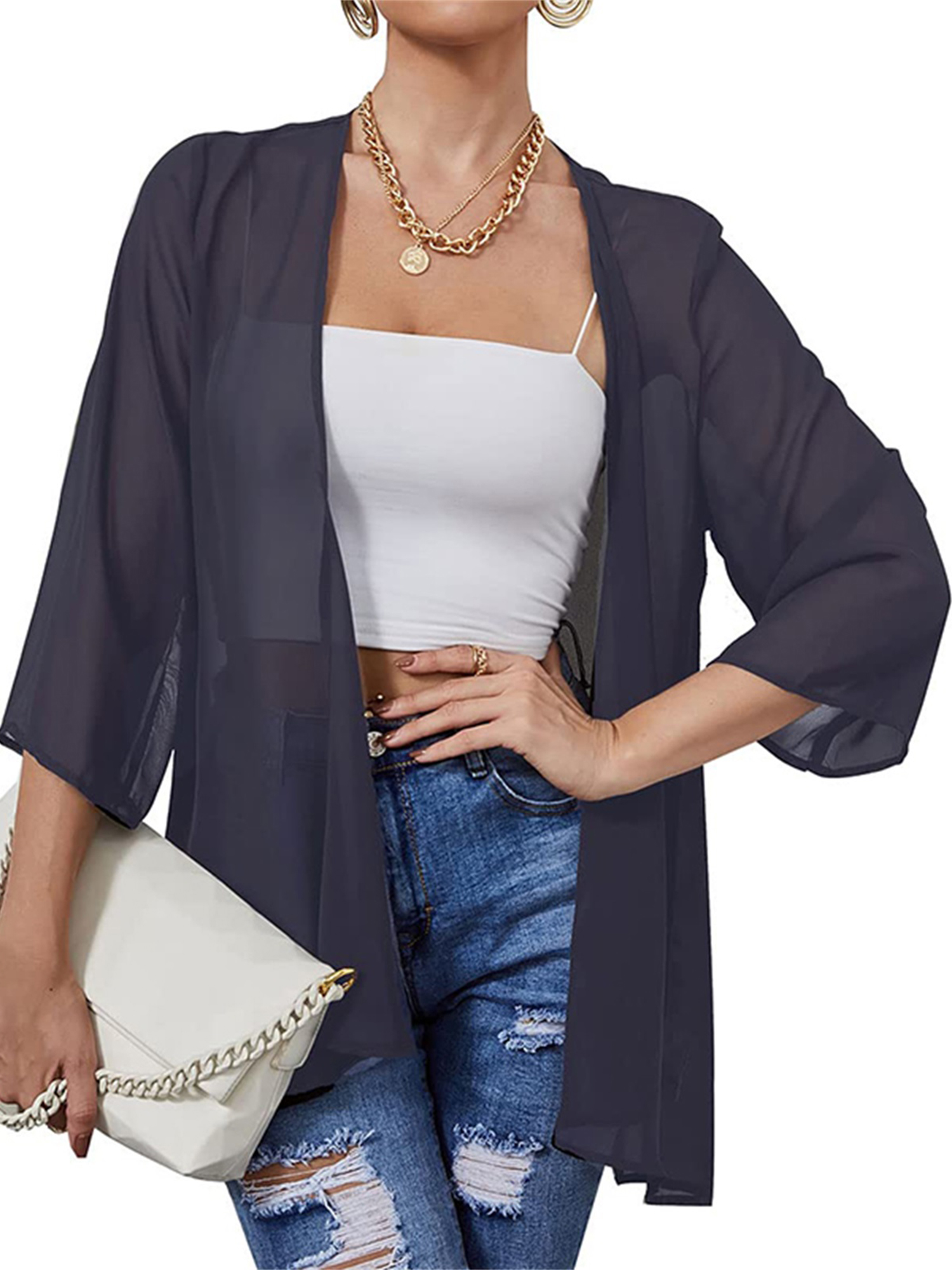Kimono De Plage Femme - Cardigan Long Ouvert Devant, Cordon Ajustable, Tissu Fluide Infroissable