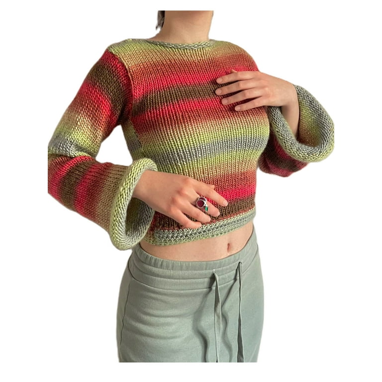 JBEELATE Women Crop Top Sweater Y2k Crochet Knit Long Bell Sleeve Pullover Jumper Tops