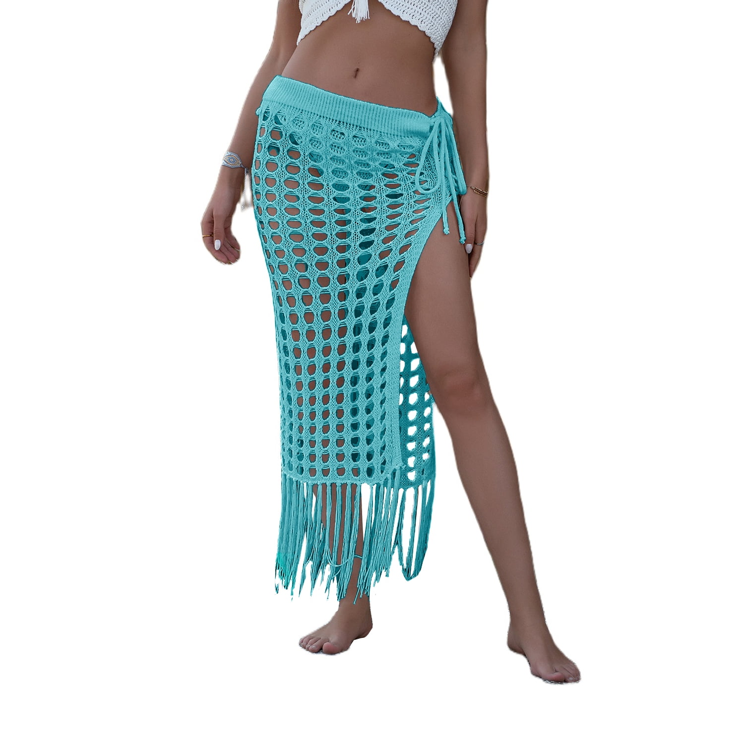 JBEELATE Women Sexy Hollow Out Mesh Tassle Skirts Beach Cover Up Summer  Fish Net Swimsuit Wrap Sheer Maxi Sarong Swimwear