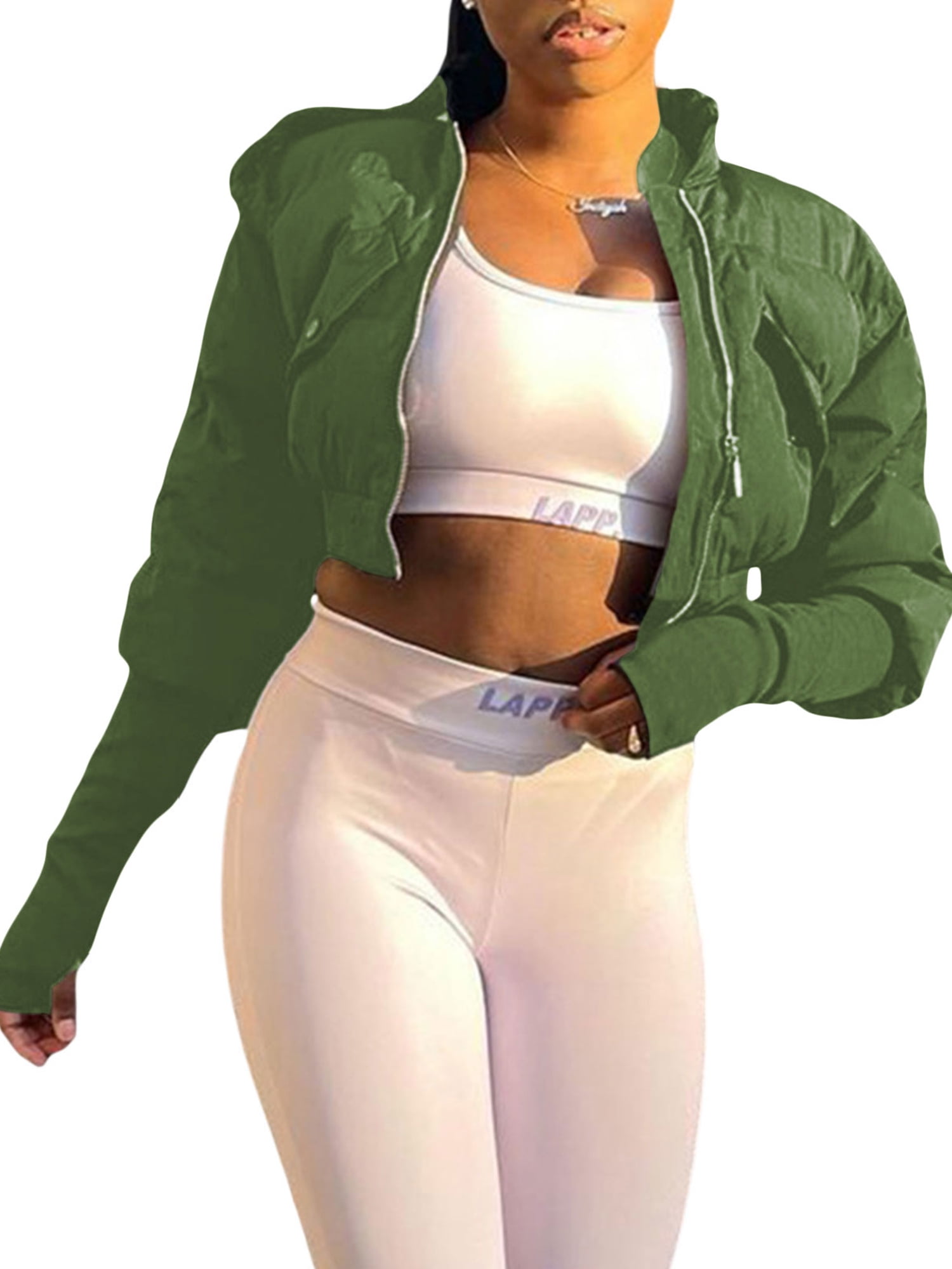 JBEELATE Women Short Jackets Solid Color Stand-up Collar Pocket Zipper Coats Long Sleeves Casual Outwear