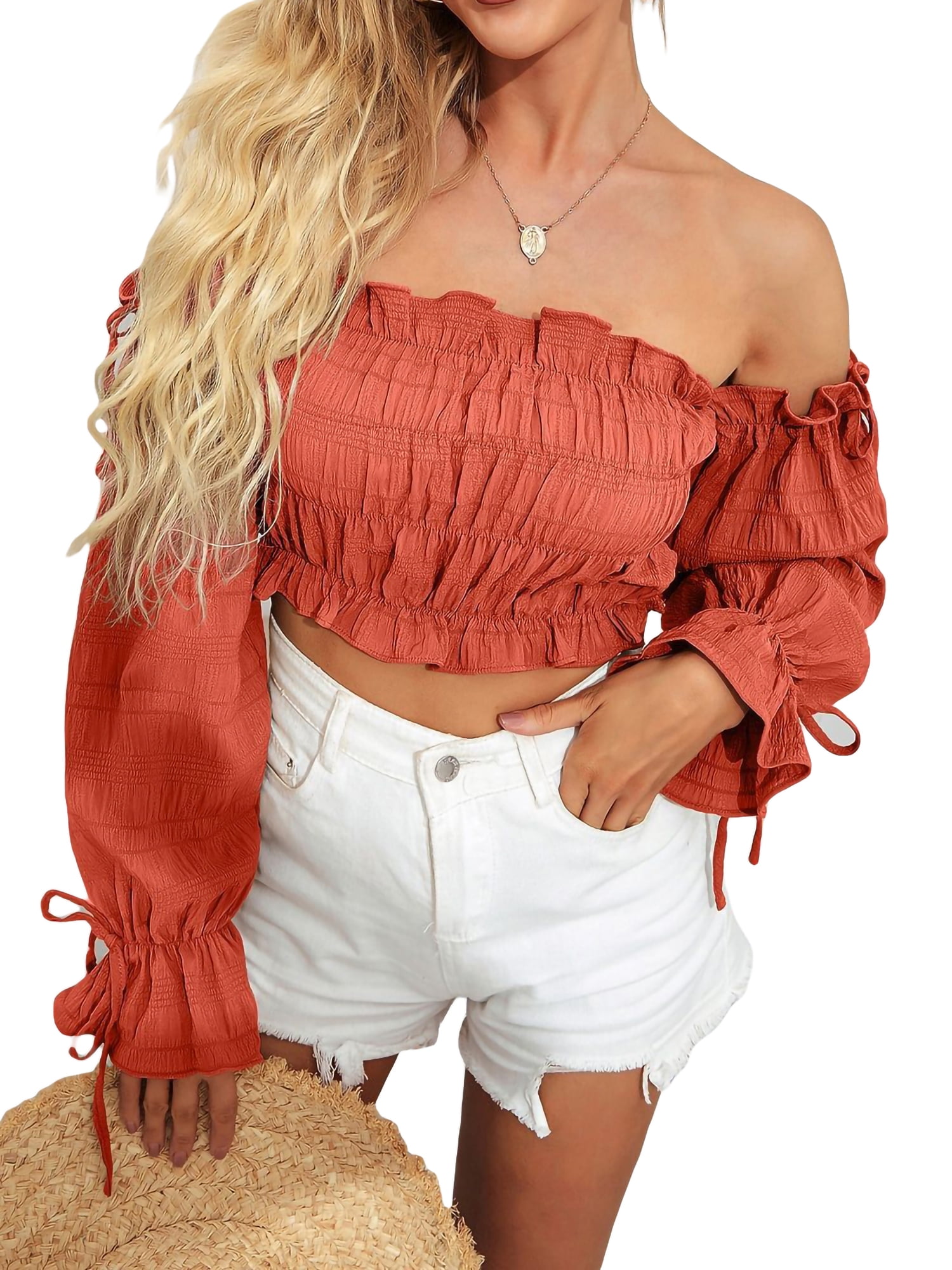 JBEELATE Women s Puff Long Sleeve Tube Top Off Shoulder Crop Top
