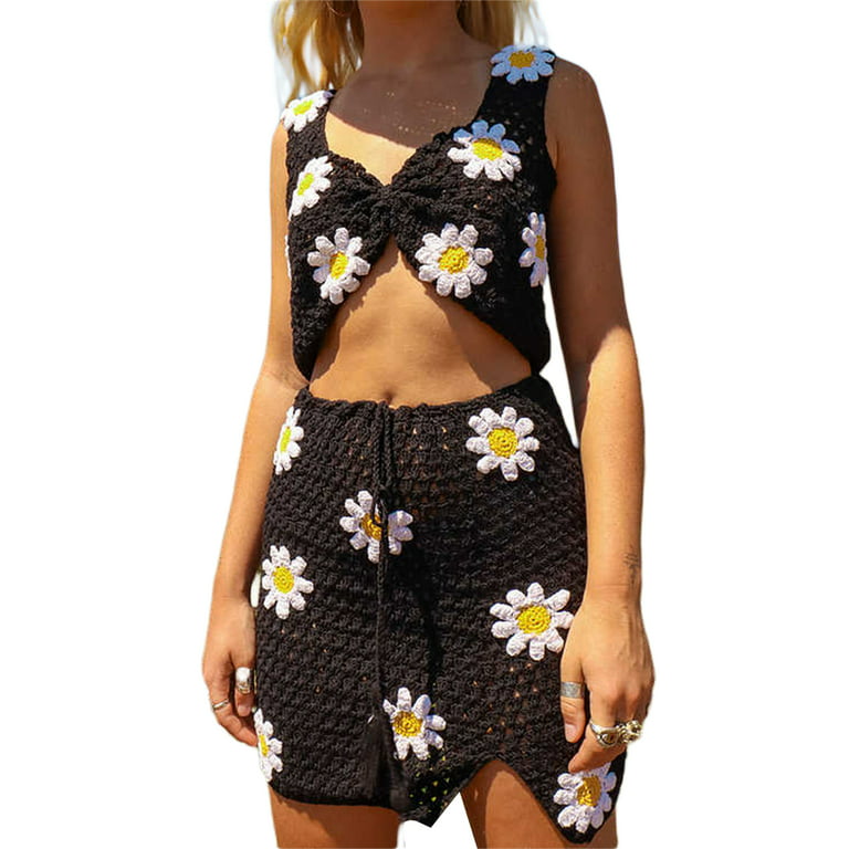 JBEELATE Womens Crochet Knitted Floral Crop Top Mini Split Skirt