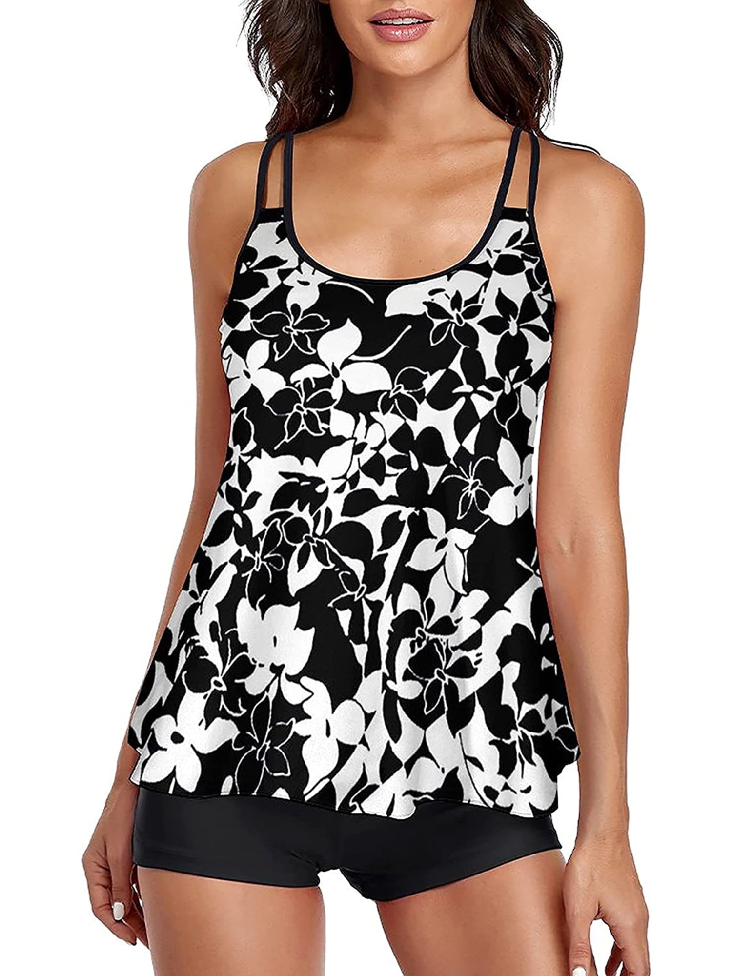 JBEELATE Womens Print Strappy Blouson Tankini Sets with Boyshort