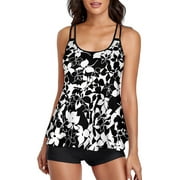 JBEELATE Womens Print Strappy Blouson Tankini Sets with Boyshort Tankini Swimsuits for Women Two Piece Bathing Suit
