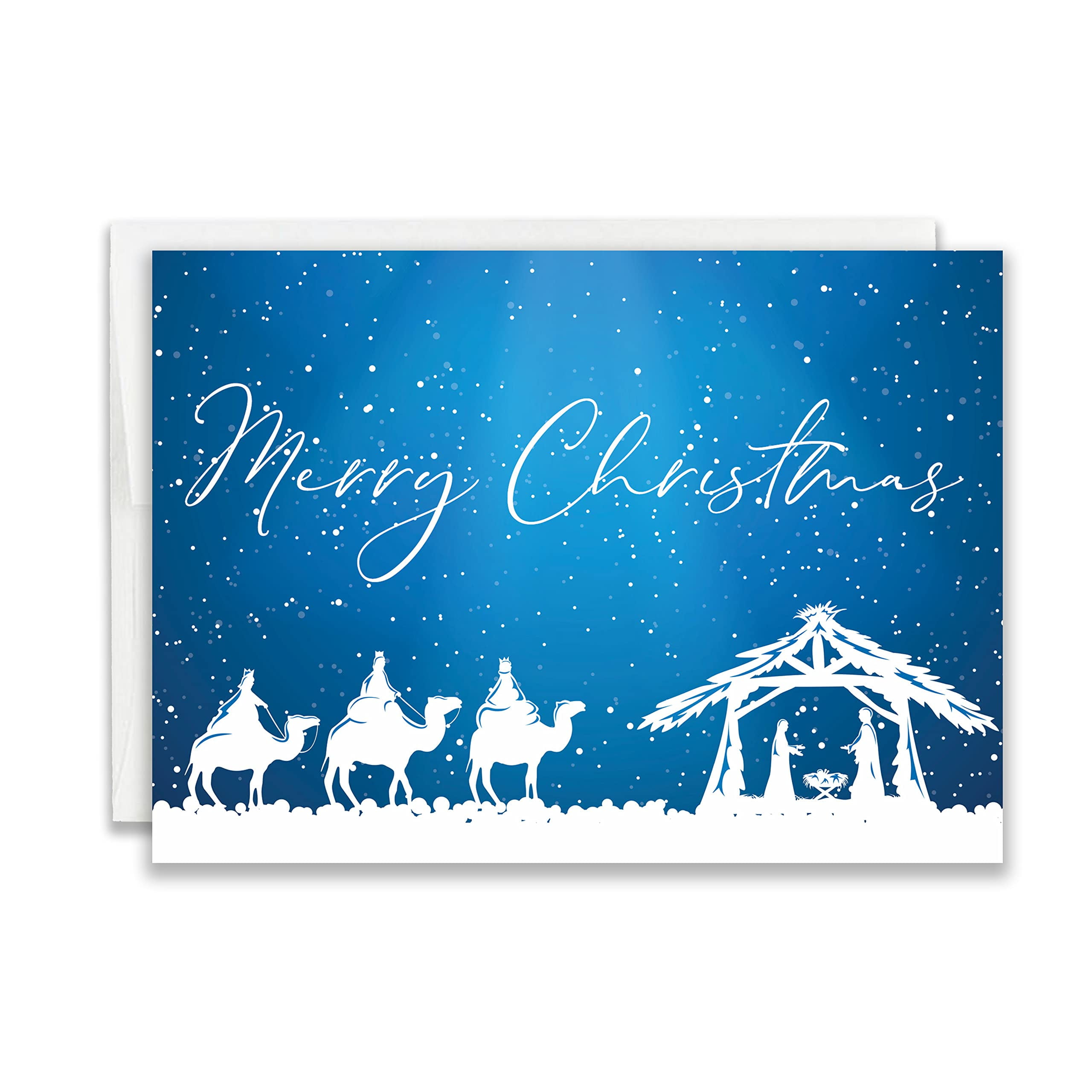 Nativity Scene Blue and White Christmas Cards Pack of 24