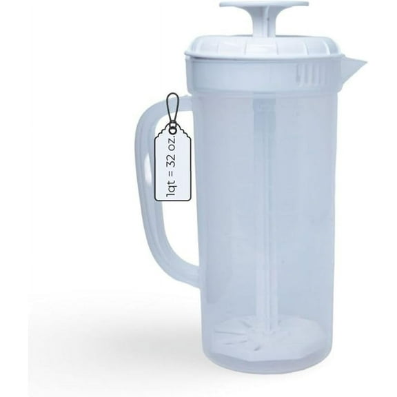 JBK 1Qt. White Mixing Pitcher - With Easy Pour Spout, Plastic Water Pitcher with Lid - Great For Mixing Drinks, Baby Formula, Protein Shakes, Juice, and More.