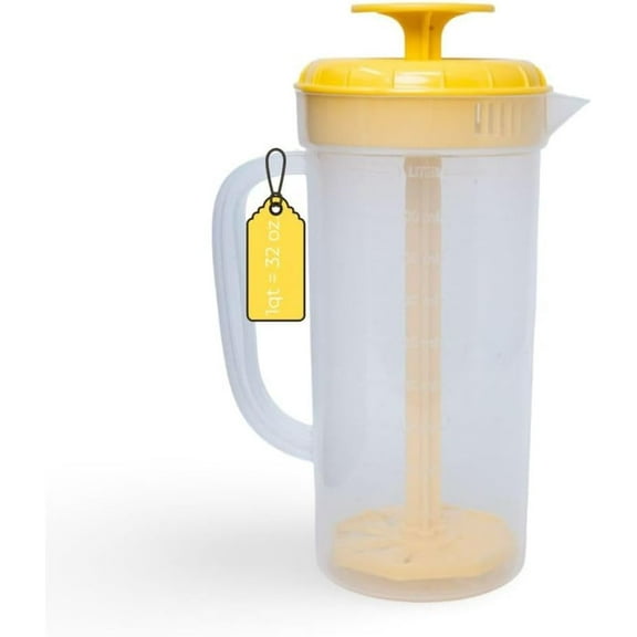 JBK 1Qt. Yellow Plastic Mixing Pitcher with Plunger Lid