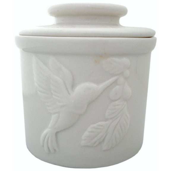 JBK Pottery Hummingbird Butter Crock - White