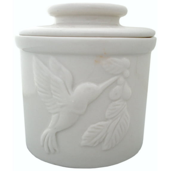 JBK Pottery Hummingbird Butter Crock - White