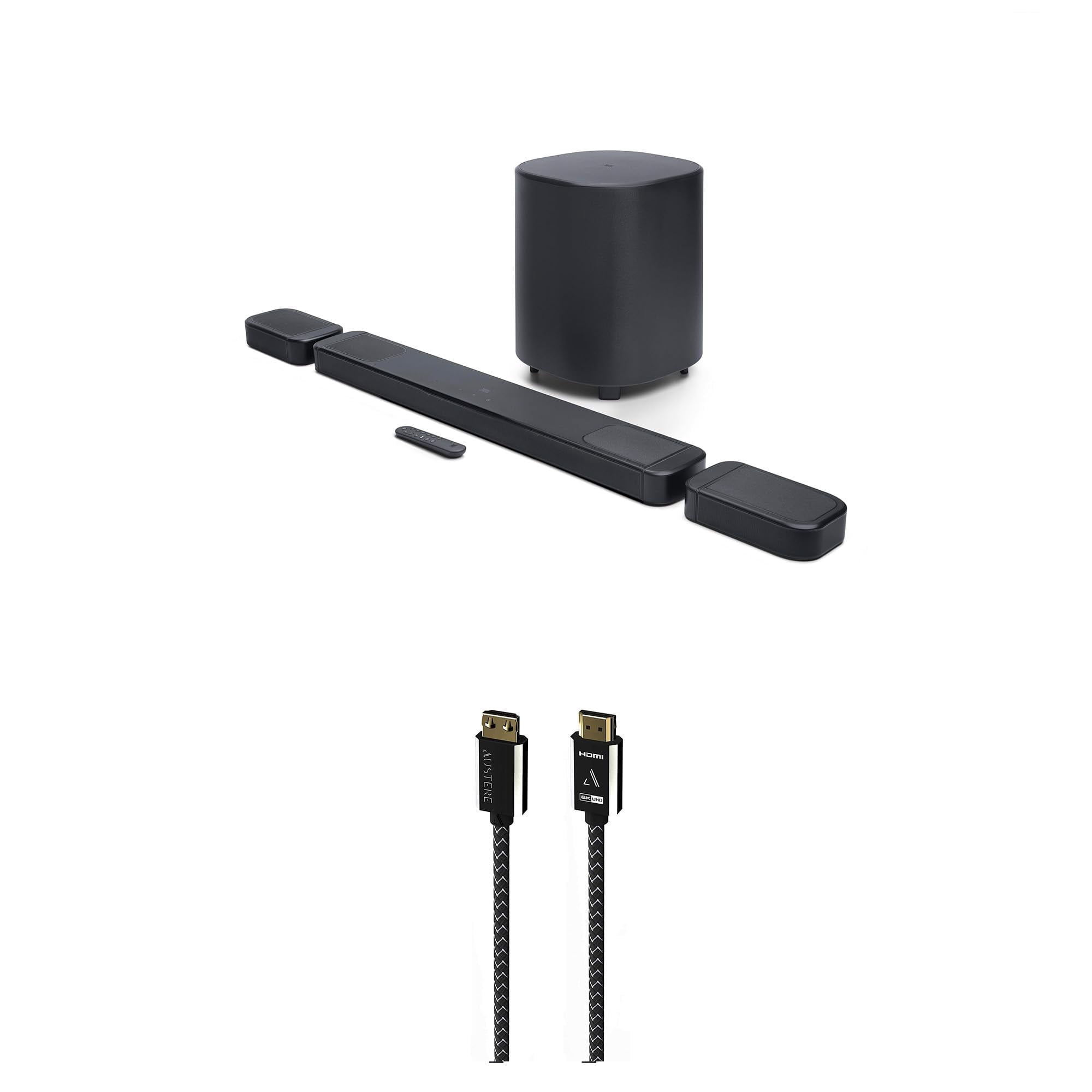 JBL BAR-1000-MK2 Surround Sound 4K Dolby Atmos and DTS Soundbar with an Austere 7S-8KHD2-2.5M VII Series 2.5m Premium Braided 8K HDMI Cable (2025)