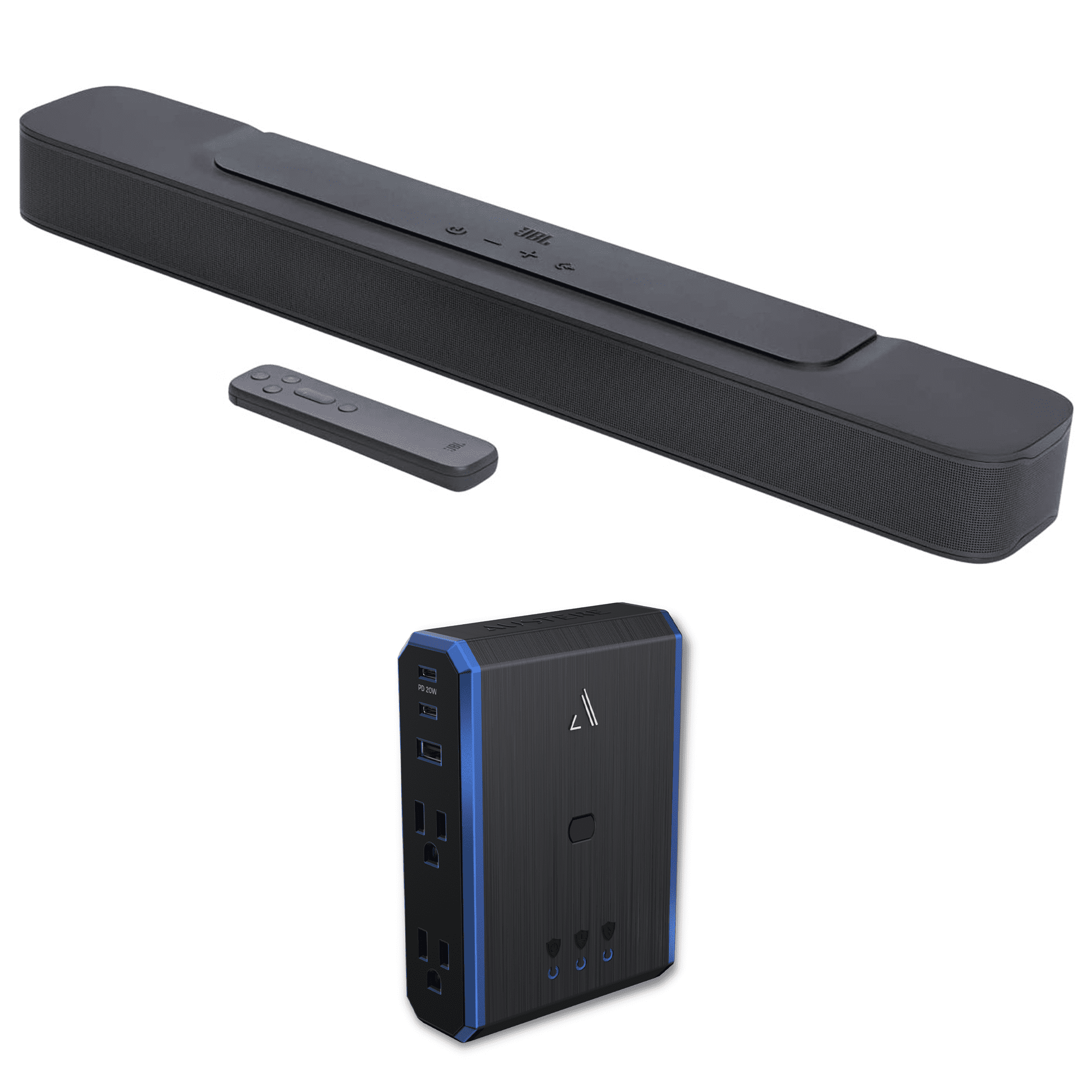 JBL BAR-2-0-ALL-IN-ONE-MK2 Compact 2ch Soundbar with Dolby Digital and an Austere 5S-PS4-US1 4-Outlet Power with Omniport USB (2022)