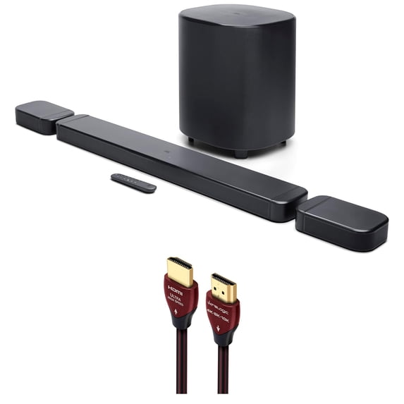 JBL BAR-700-MK2 black soundbar with detachable wireless speakers, 10 in subwoofer, and 8 ft HDMI cable