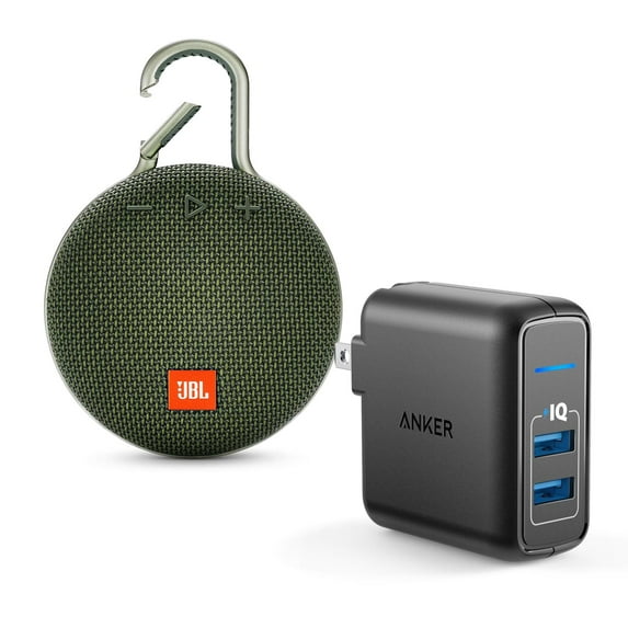 JBL Clip 3 Forest Bluetooth Speaker w/Anker 2 Ports Wall Charger